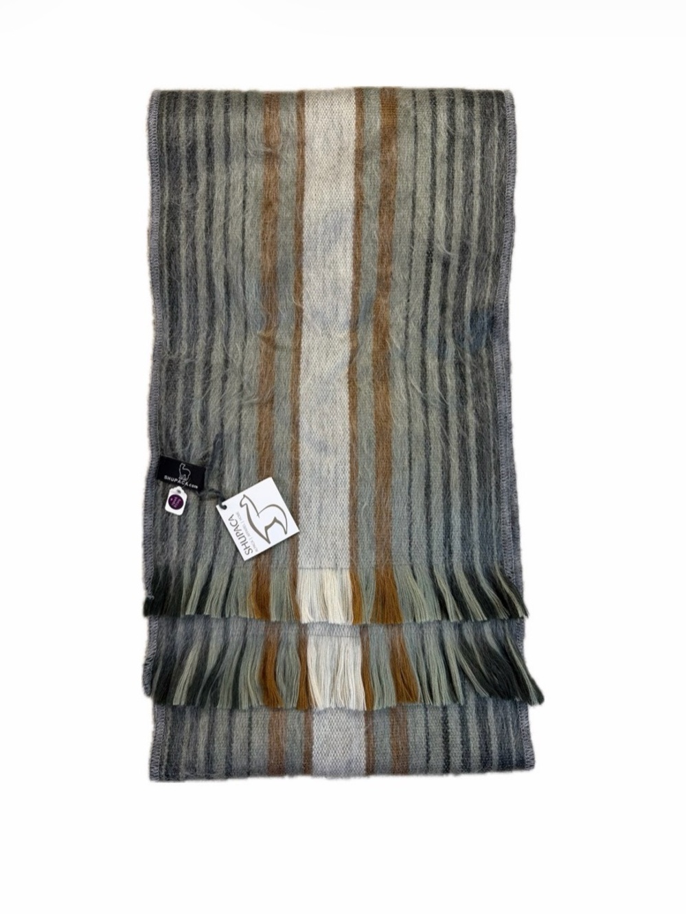 Shupaca Alpaca Blend Scarf Gray Green Fringe Fair Trade Soft Made In Ecuador NEW